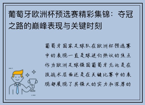 葡萄牙欧洲杯预选赛精彩集锦：夺冠之路的巅峰表现与关键时刻