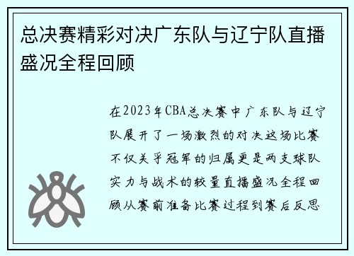 总决赛精彩对决广东队与辽宁队直播盛况全程回顾